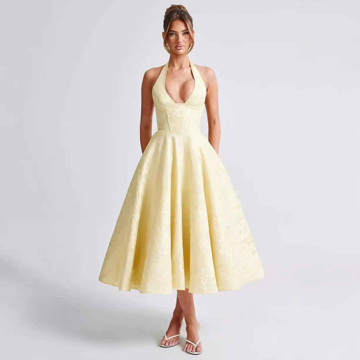 Women's Elegant Halter Neck Maxi Dress – V-Neck with Flared Skirt Yellow
