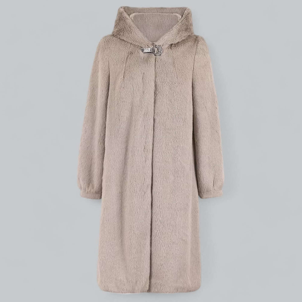 Women's Elegant Knee-Length Faux Fur Coat with Hood and Closure Khaki