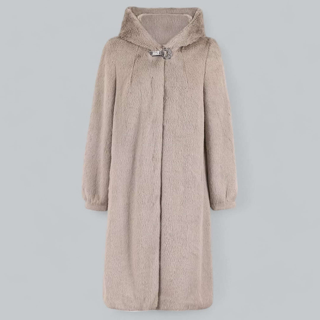Women's Elegant Knee-Length Faux Fur Coat with Hood and Closure Khaki