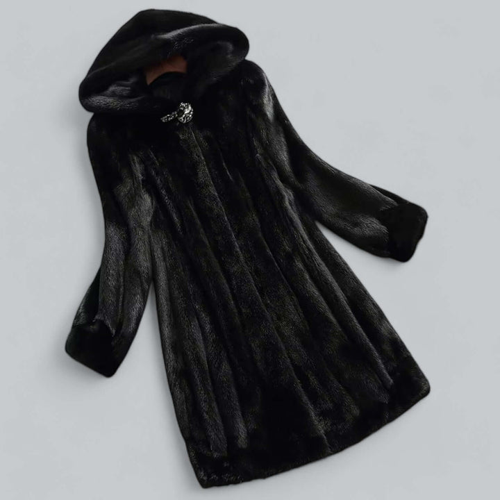 Women's Elegant Knee-Length Faux Fur Coat with Hood and Closure Black