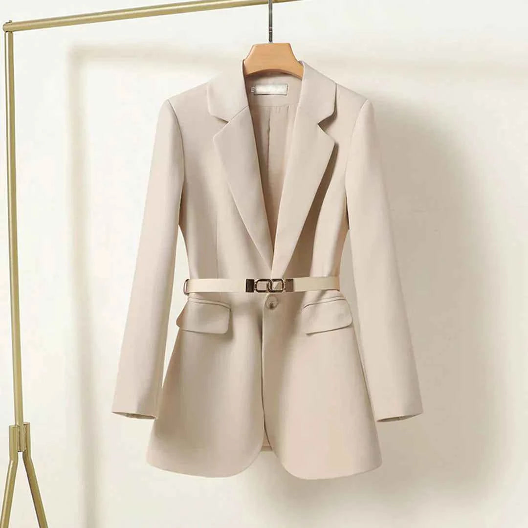 Women's Elegant Long Blazer with Belt Beige
