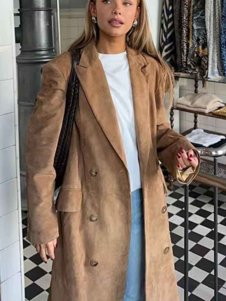 Women's Elegant Long Suede Coat Beige
