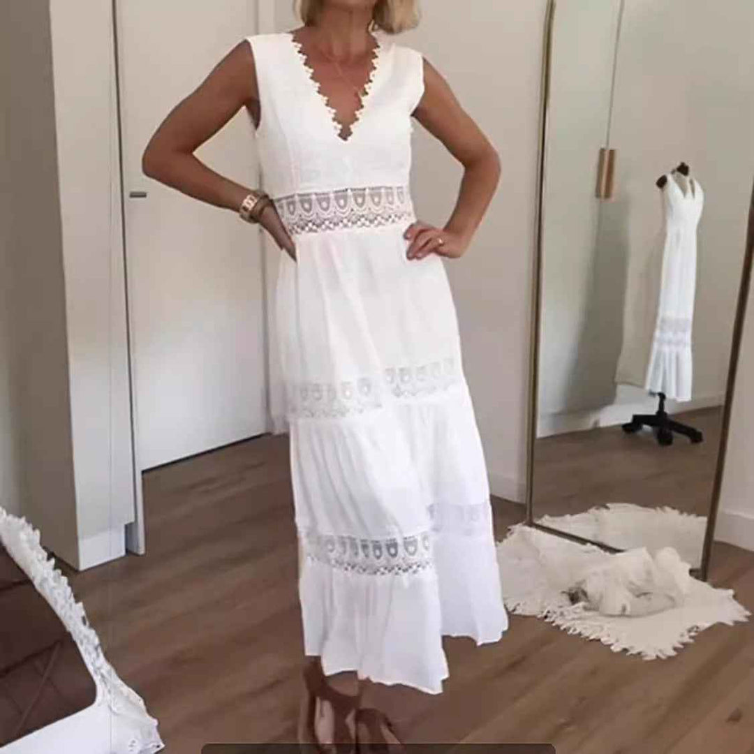 Women's Elegant Midi Dress – Sleeveless with Deep V-Neck and Lace Details
