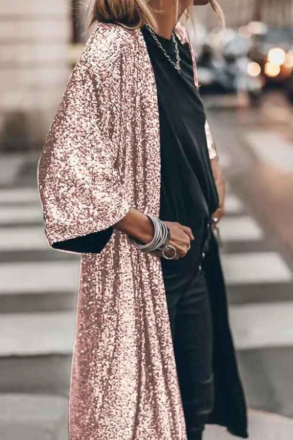 Women's Elegant Open Front Kimono Vest with Sequins – Loose-Fitting Evening Style Light Pink