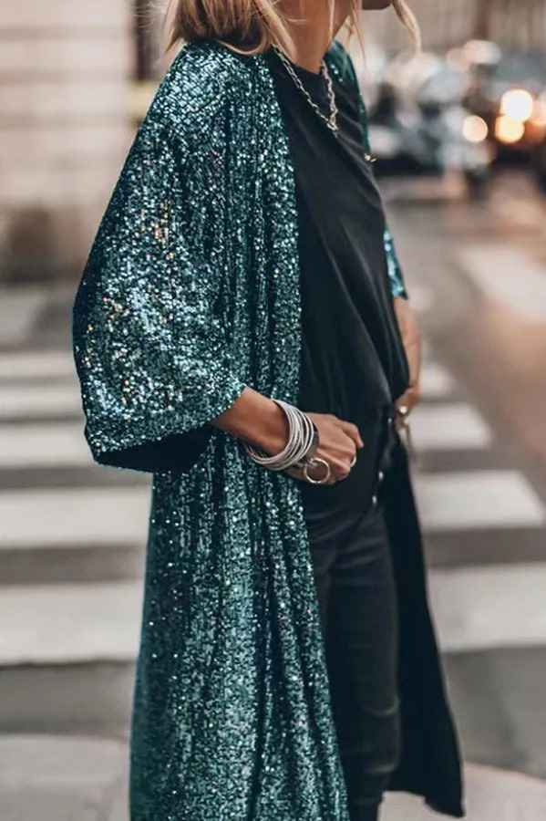 Women's Elegant Open Front Kimono Vest with Sequins – Loose-Fitting Evening Style Green