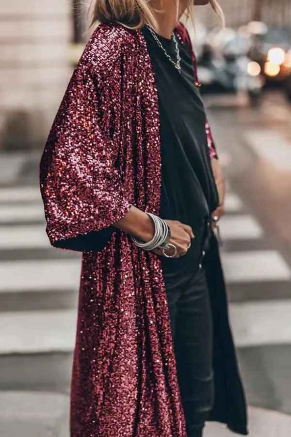 Women's Elegant Open Front Kimono Vest with Sequins – Loose-Fitting Evening Style Wine Red