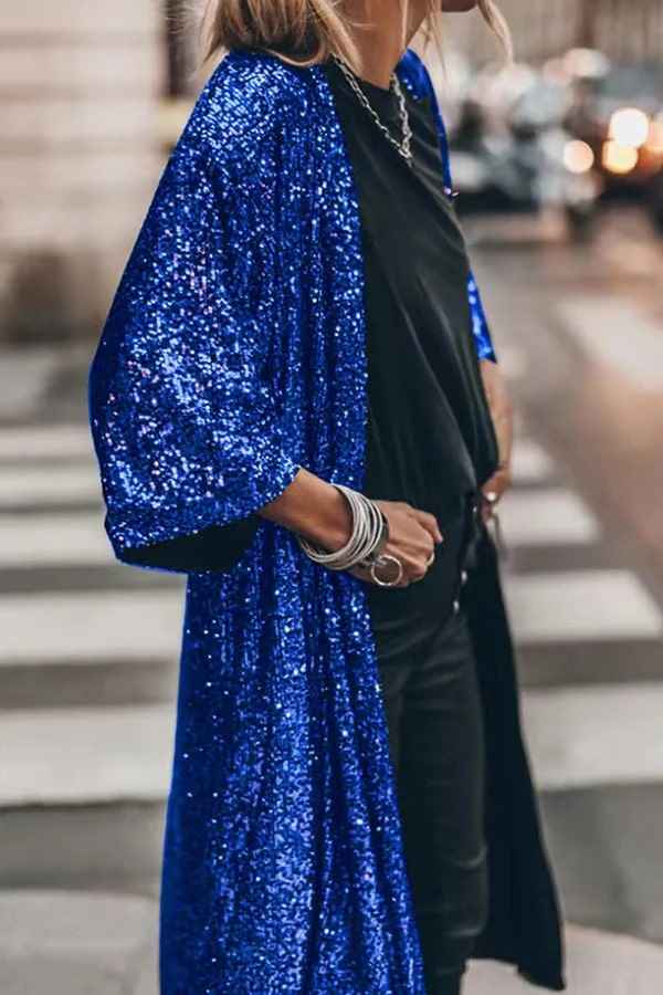 Women's Elegant Open Front Kimono Vest with Sequins – Loose-Fitting Evening Style Blue