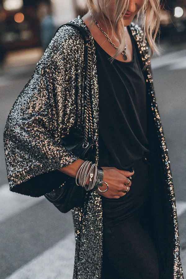 Women's Elegant Open Front Kimono Vest with Sequins – Loose-Fitting Evening Style Black