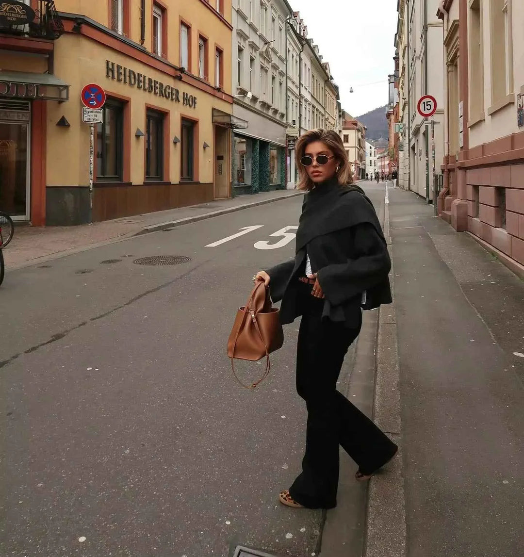 Women's Elegant Oversized Wool Blend Wrap Coat with Long Wide Sleeves