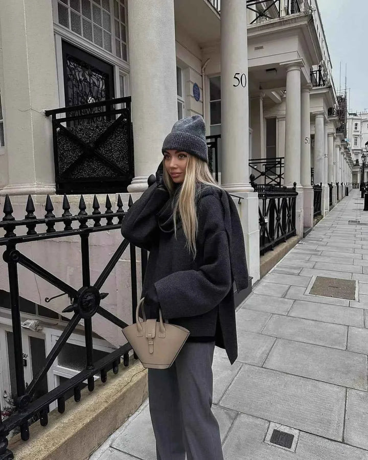 Women's Elegant Oversized Wool Blend Wrap Coat with Long Wide Sleeves