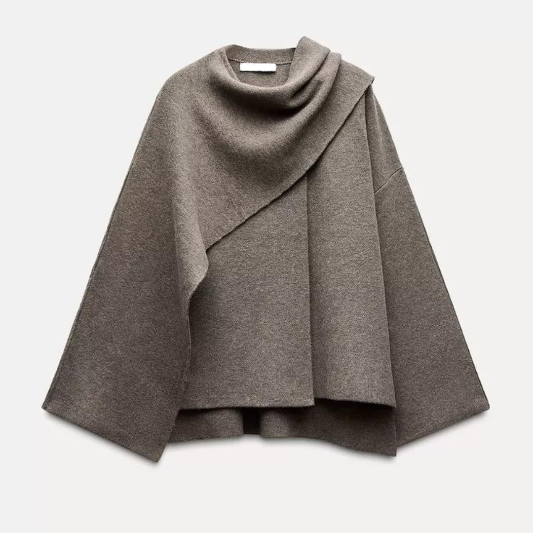 Women's Elegant Oversized Wool Blend Wrap Coat with Long Wide Sleeves Brown Beige