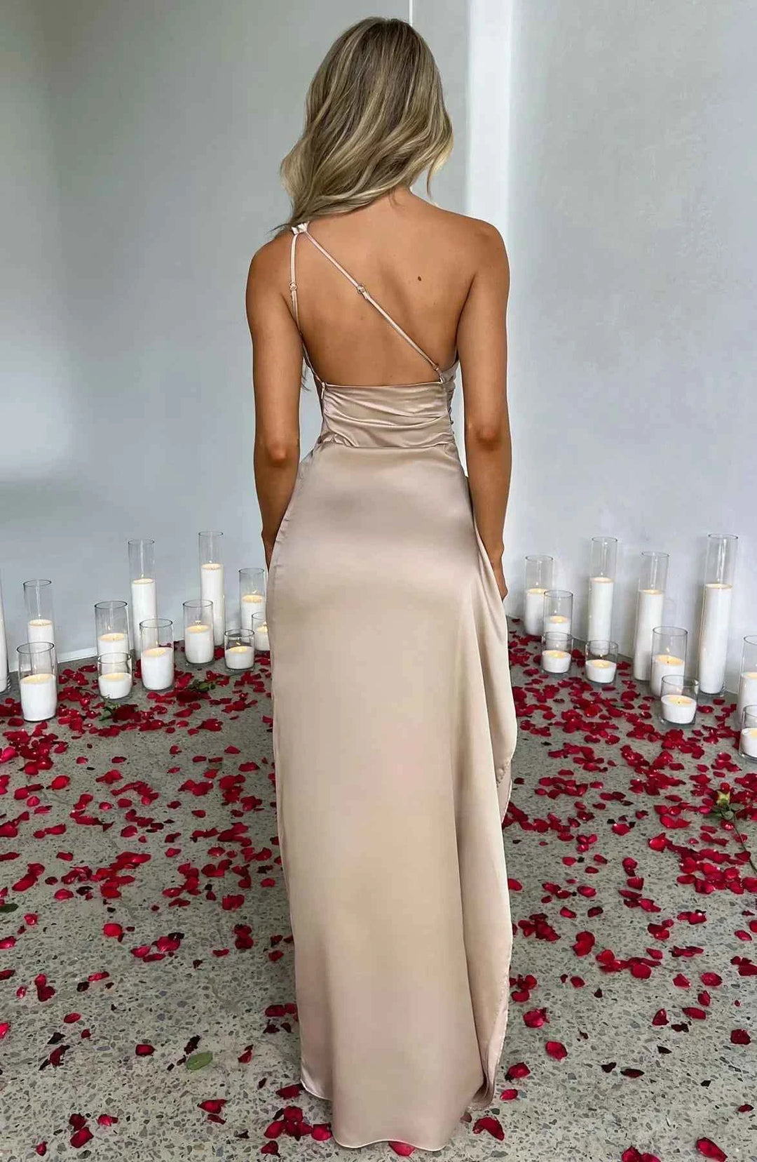 Women's Elegant Satin One-Shoulder Slit Dress
