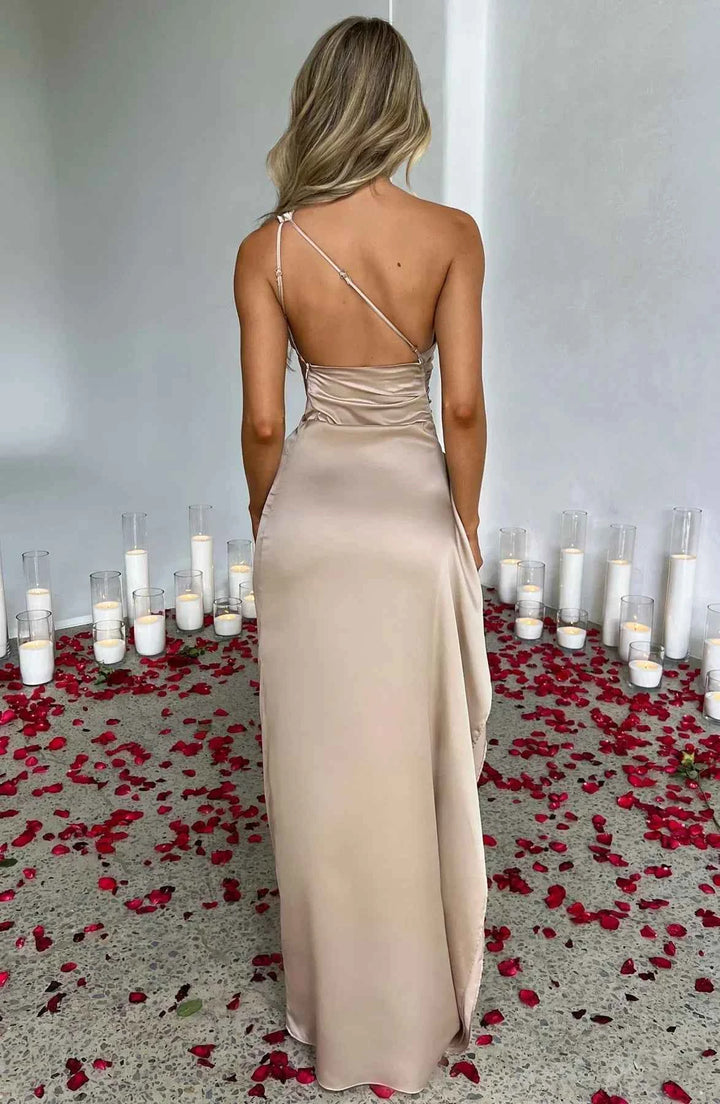 Women's Elegant Satin One-Shoulder Slit Dress