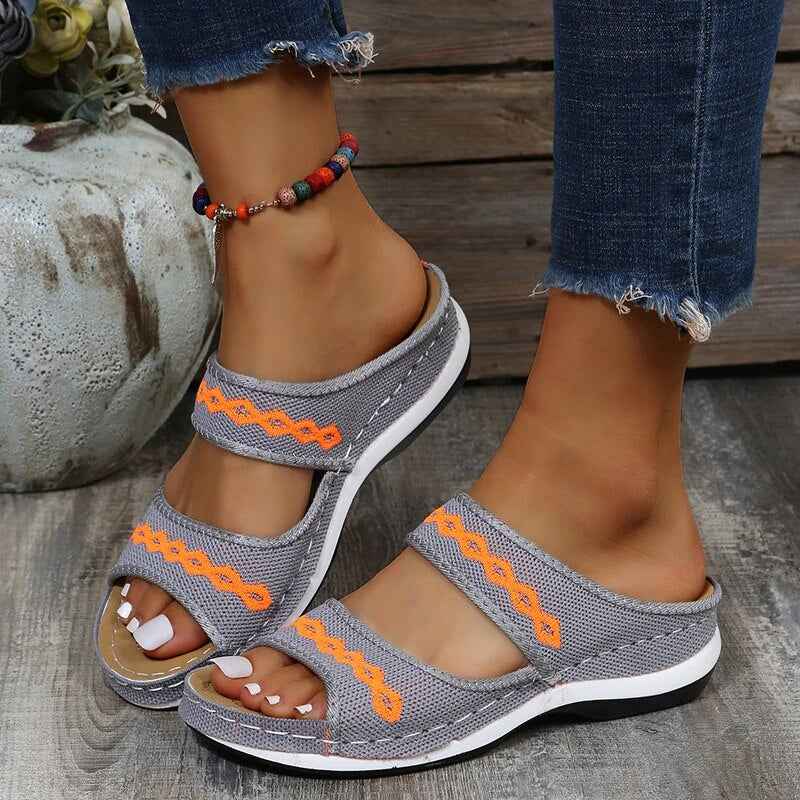 Women's Embroidered Wedge Sandals with Cushioned Sole Gray