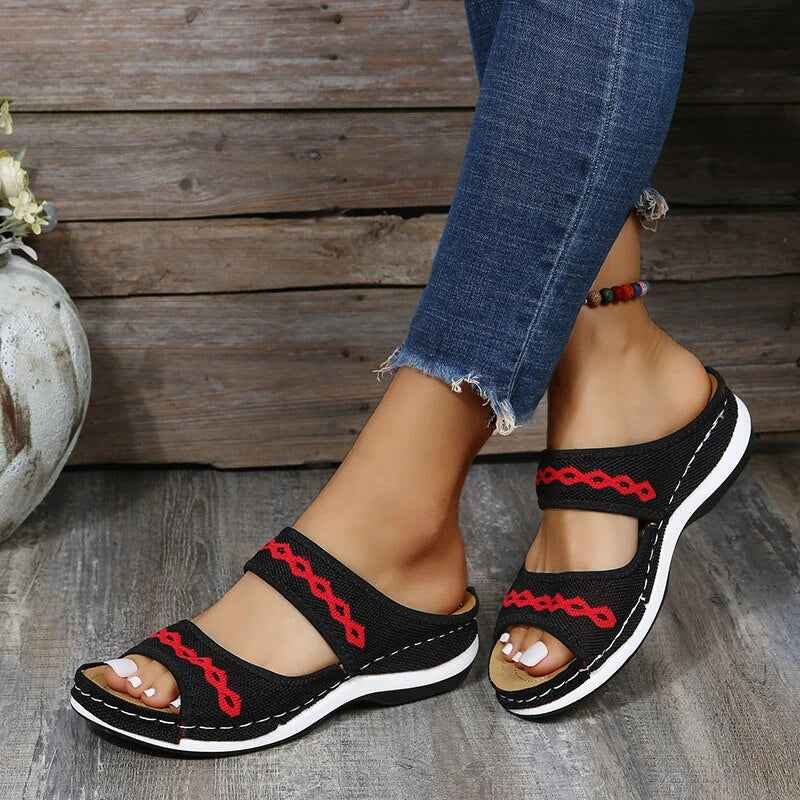 Women's Embroidered Wedge Sandals with Cushioned Sole Black