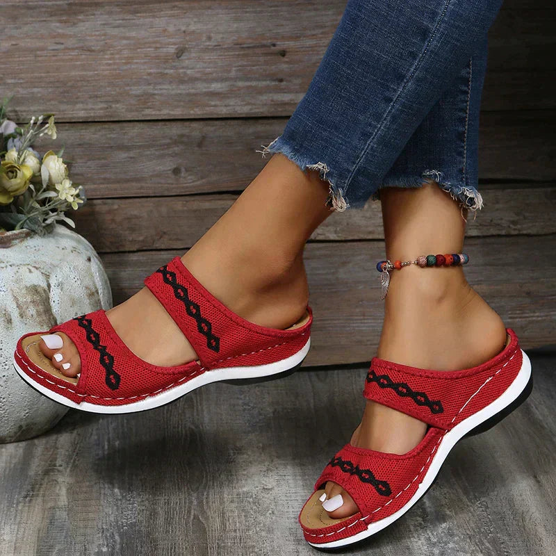 Women's Embroidered Wedge Sandals with Cushioned Sole Red