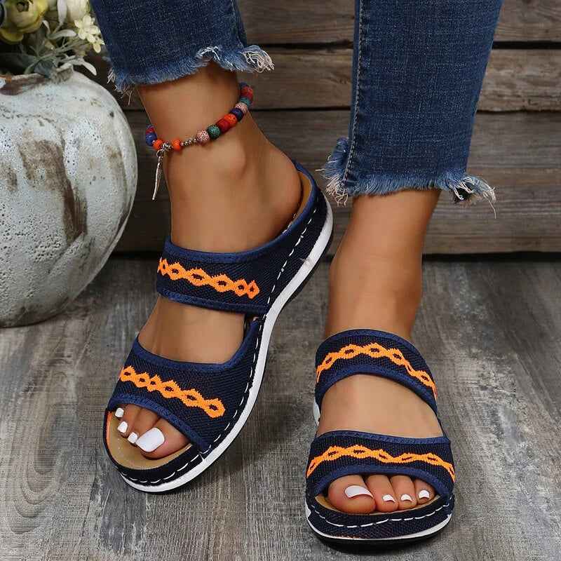 Women's Embroidered Wedge Sandals with Cushioned Sole Blue