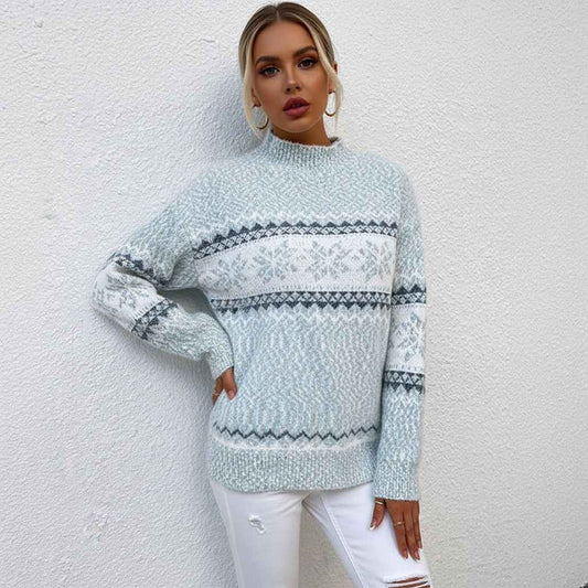 Women's Fair Isle Crew Neck Relaxed Fit Acrylic Winter Sweater Light Blue