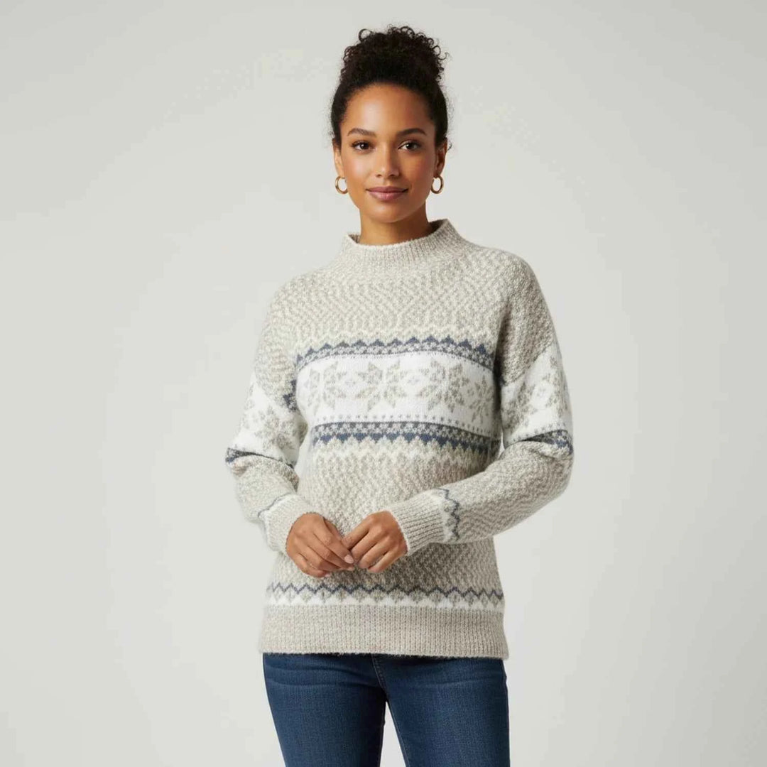 Women's Fair Isle Pattern Mock Neck Pullover Sweater Beige