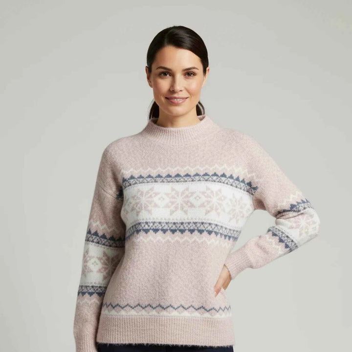 Women's Fair Isle Pattern Mock Neck Pullover Sweater Pink