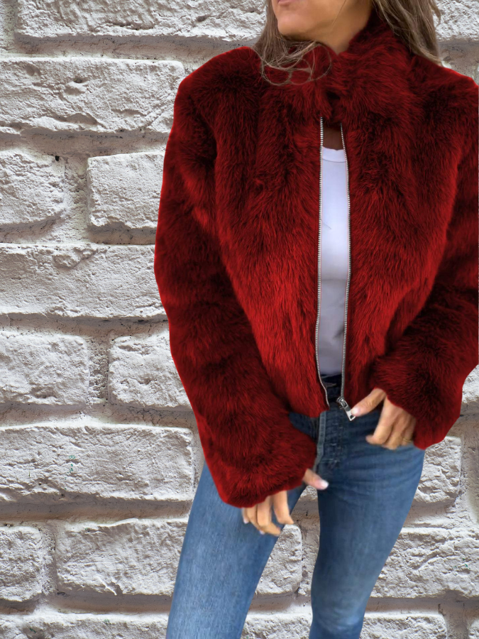 Women's Faux Fur Coat - Stylish and Cozy Outerwear Red