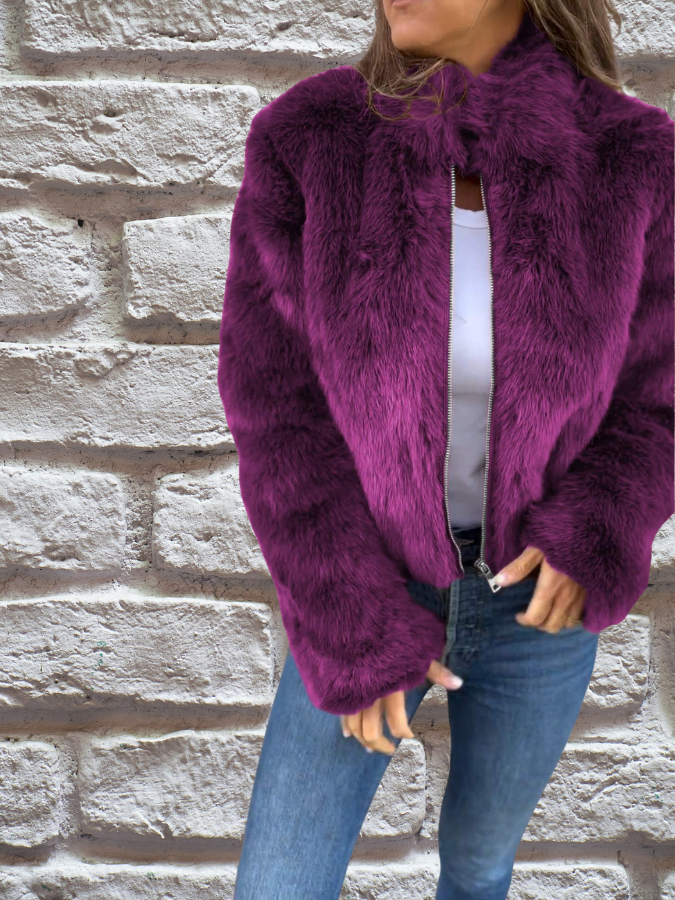 Women's Faux Fur Coat Regular Pockets Brown Winter Button Closure Purple