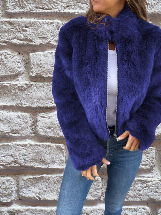 Women's Faux Fur Coat Regular Pockets Brown Winter Button Closure Blue