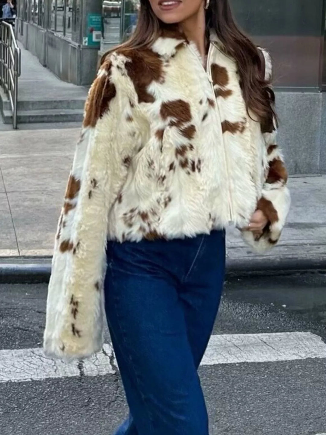 Women's Faux-Fur Cropped Zip-Up Jacket - Stylish & Cozy Outerwear