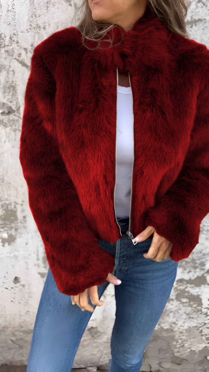 Women's Faux Fur Jacket - High Collar - Regular Fit - Zipper Closure - Stylish & Warm Red