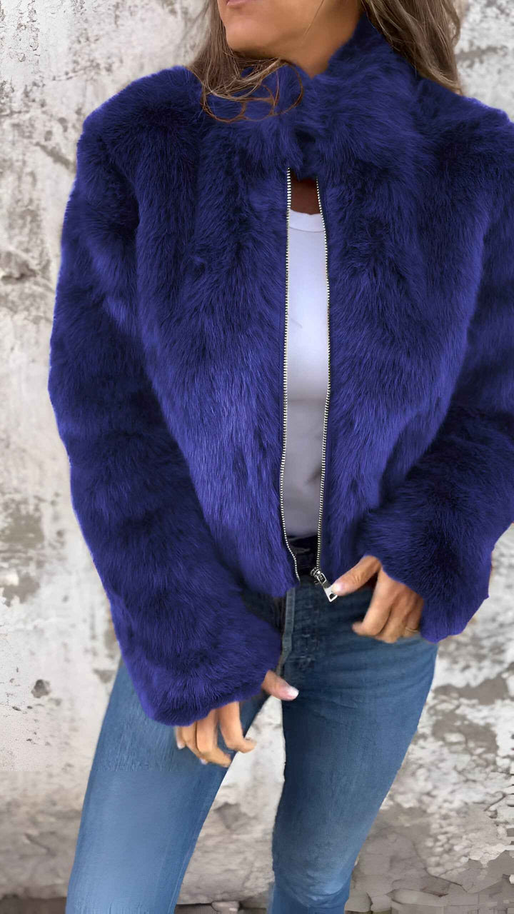 Women's Faux Fur Jacket - High Collar - Regular Fit - Zipper Closure - Stylish & Warm Blue