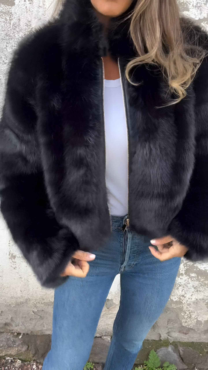 Women's Faux Fur Jacket - High Collar - Regular Fit - Zipper Closure - Stylish & Warm Black