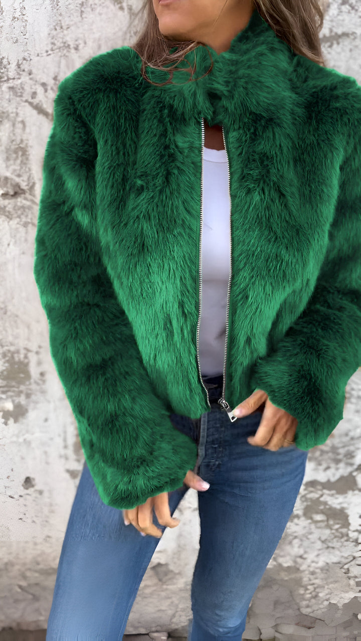 Women's Faux Fur Jacket - High Collar - Regular Fit - Zipper Closure - Stylish & Warm Green