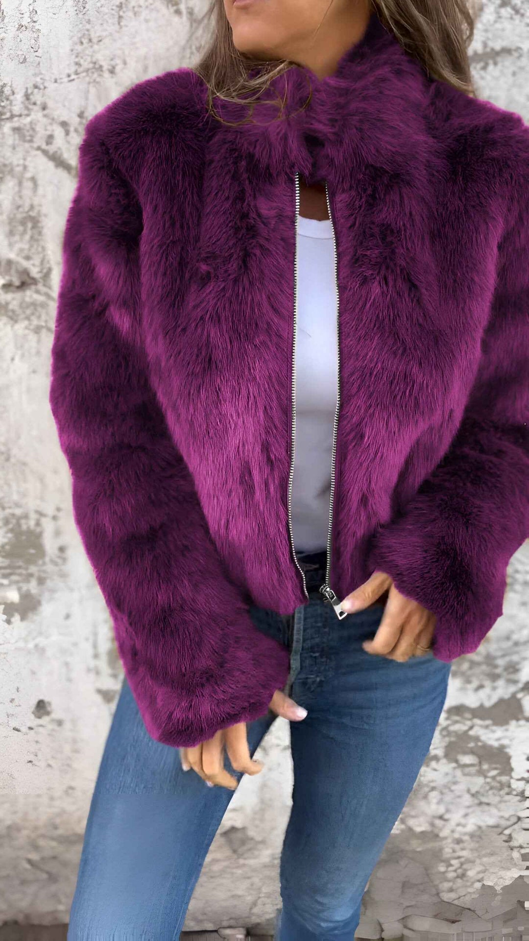 Women's Faux Fur Jacket - High Collar - Regular Fit - Zipper Closure - Stylish & Warm Purple