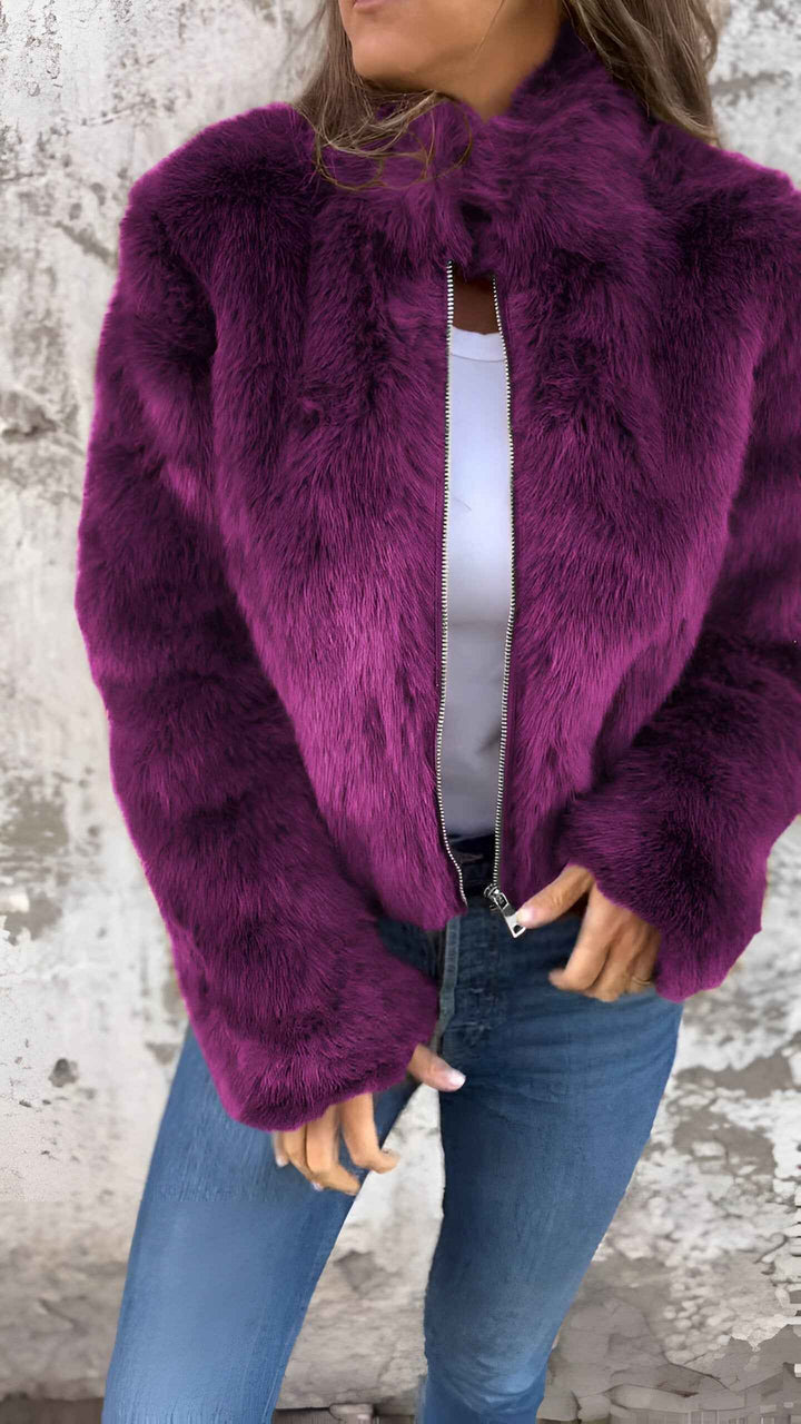 Women's Faux Fur Jacket - High Collar - Regular Fit - Zipper Closure - Stylish & Warm Purple