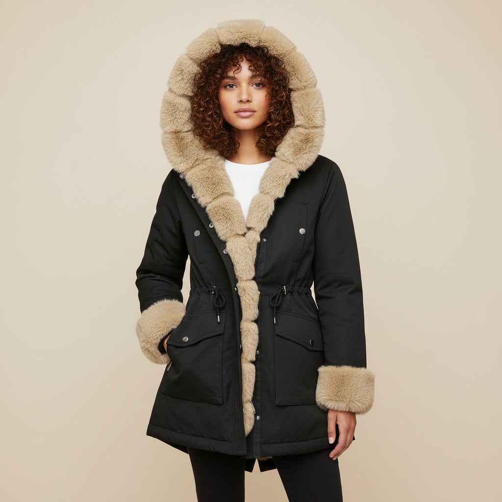 Women's Faux Fur Trim Hooded Anorak Jacket Black