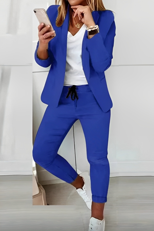 Women's Fitted Blazer Set with Comfortable Jogging Pants – Casual Style Blue