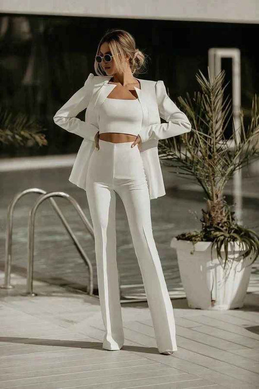 Women's Fitted Blazer Set with Crop Top and High Waist Pants – Elegant Style White