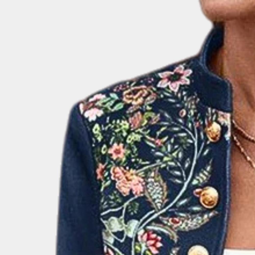 Women's Fitted Blazer with Embroidered Floral Details - Elegant High-Neck Design