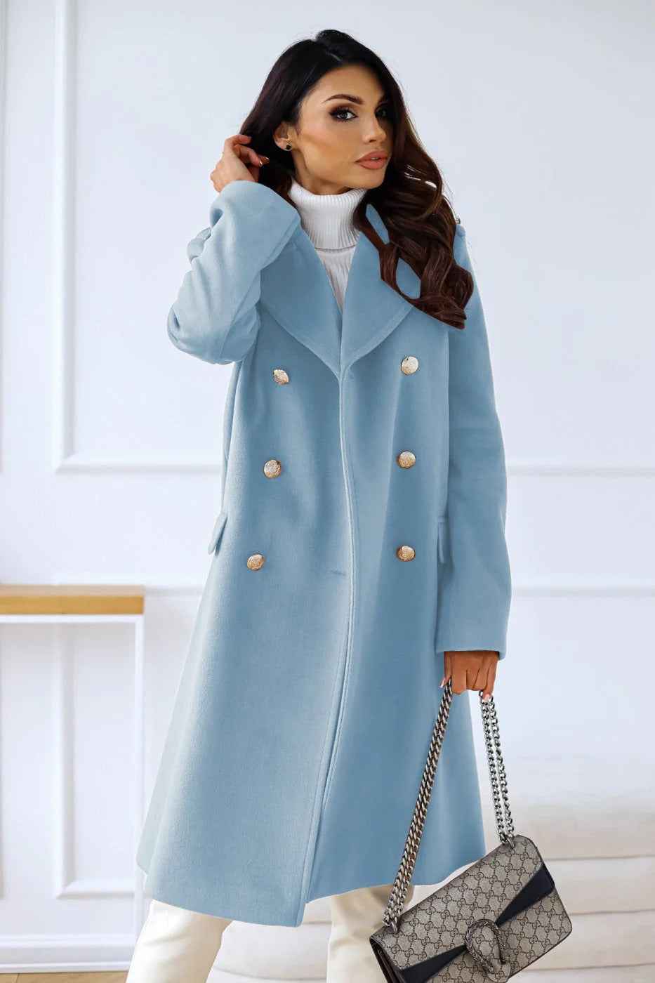 Women's Fitted Double-Breasted Long Coat Wool Blend with Notch Lapel Blue