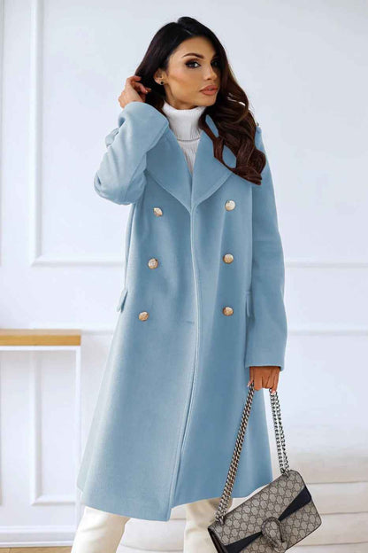 Women's Fitted Double-Breasted Long Coat Wool Blend with Notch Lapel Blue
