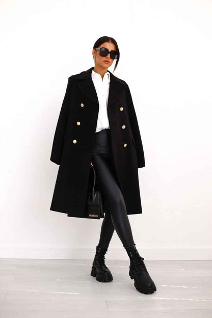 Women's Fitted Double-Breasted Long Coat Wool Blend with Notch Lapel Black