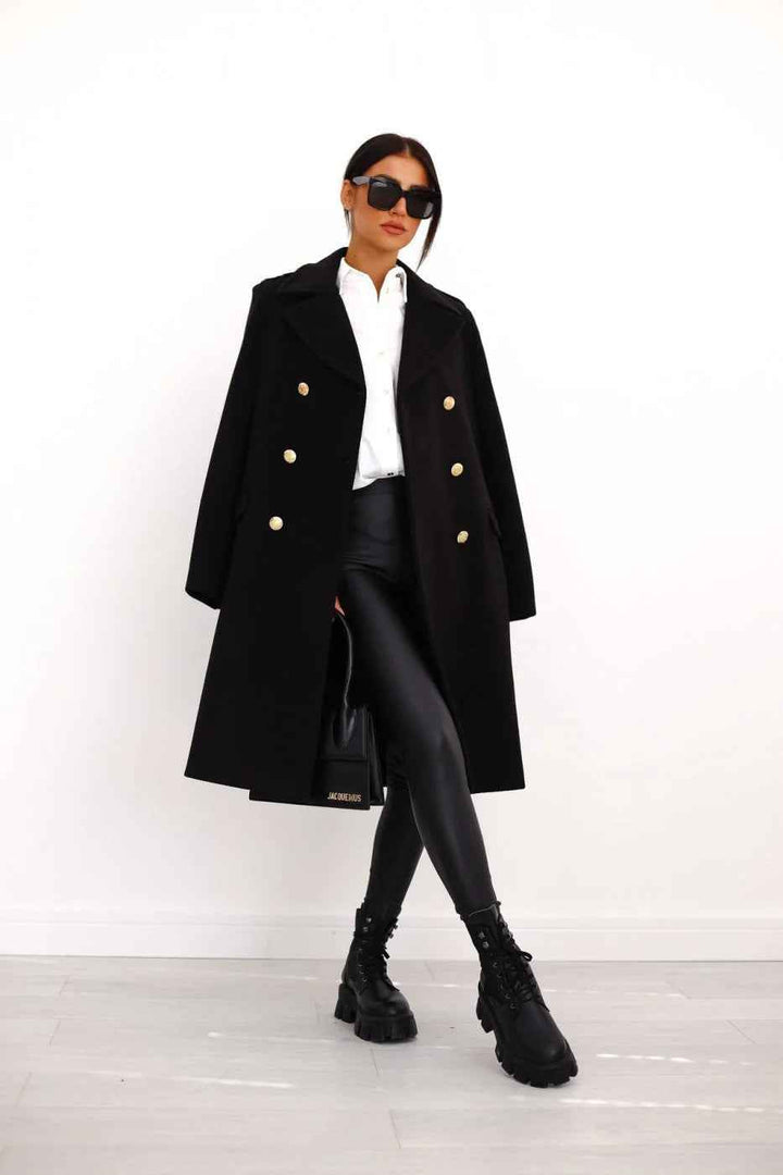 Women's Fitted Double-Breasted Long Coat – Wool Blend with Notch Lapel Black