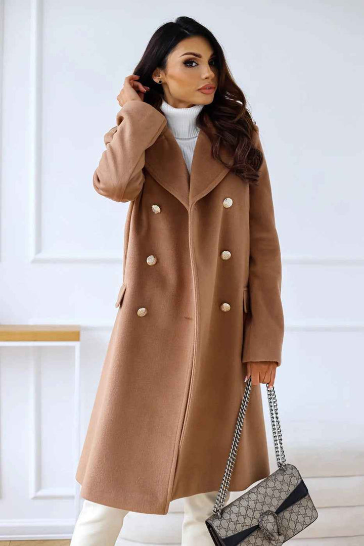 Women's Fitted Double-Breasted Long Coat – Wool Blend with Notch Lapel Brown