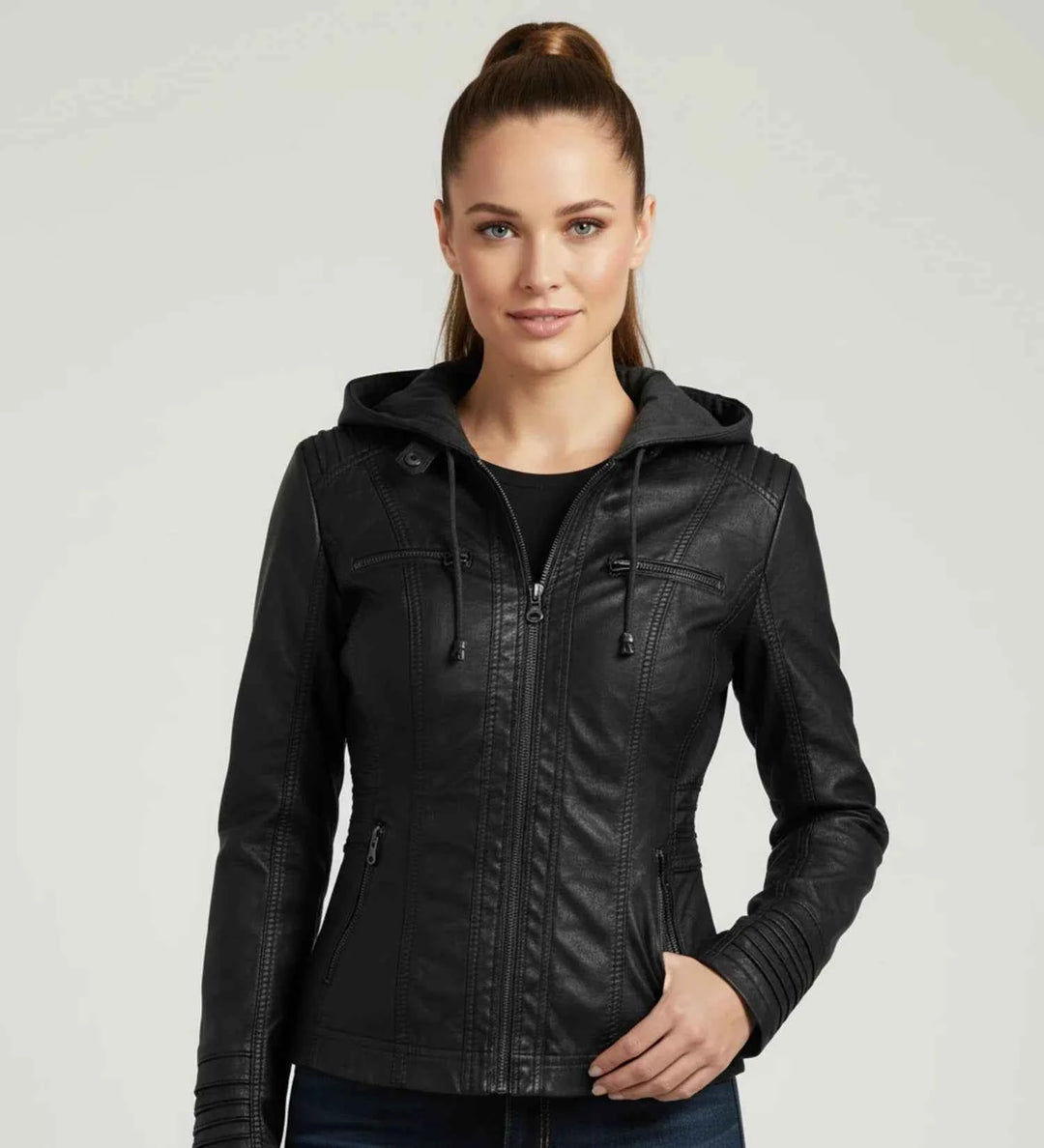 Women's Fitted Hooded Moto Jacket Black