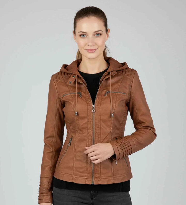 Women's Fitted Hooded Moto Jacket Brown