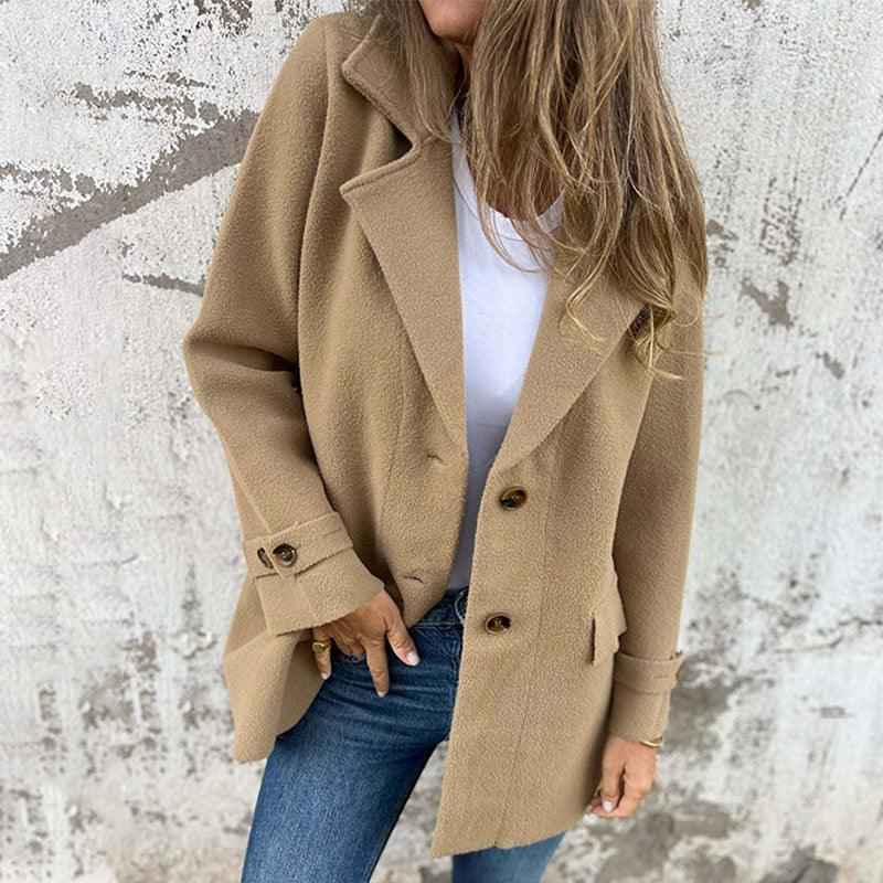 Women's Fitted Long Sleeve Coat - Single-Breasted with Classic Lapel Khaki