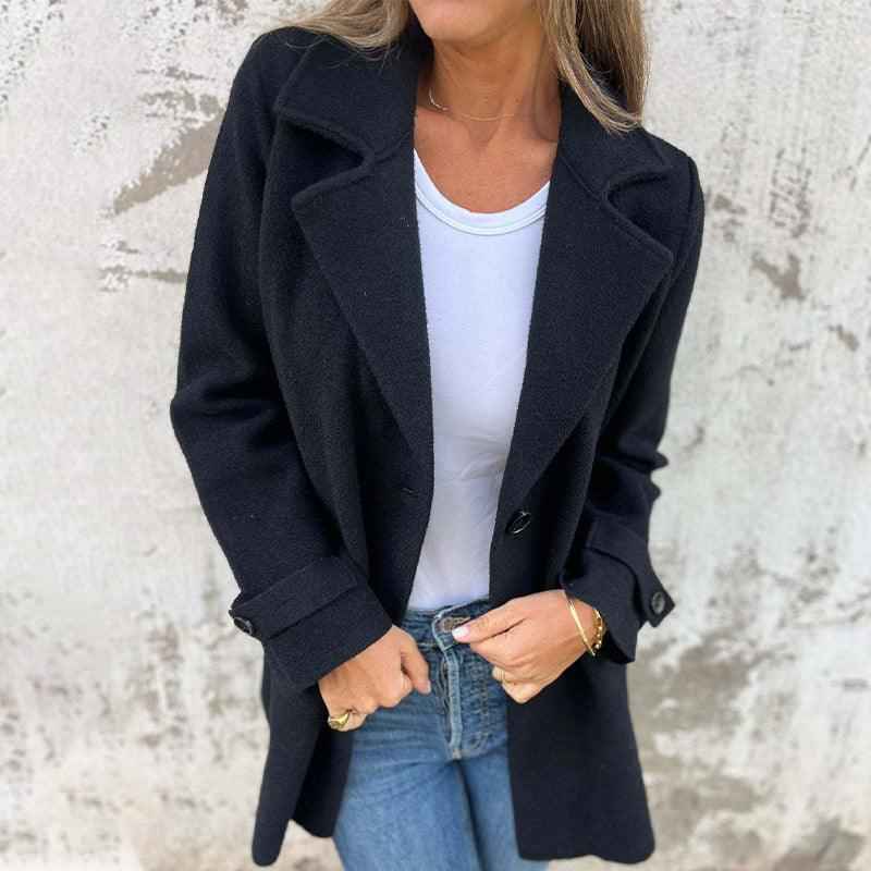 Women's Fitted Long Sleeve Coat - Single-Breasted with Classic Lapel Black
