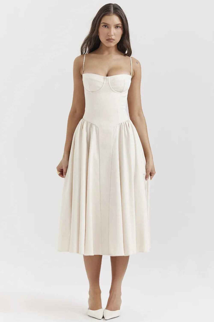 Women's Fitted Midi Dress with Spaghetti Straps and Pleated Flared Skirt