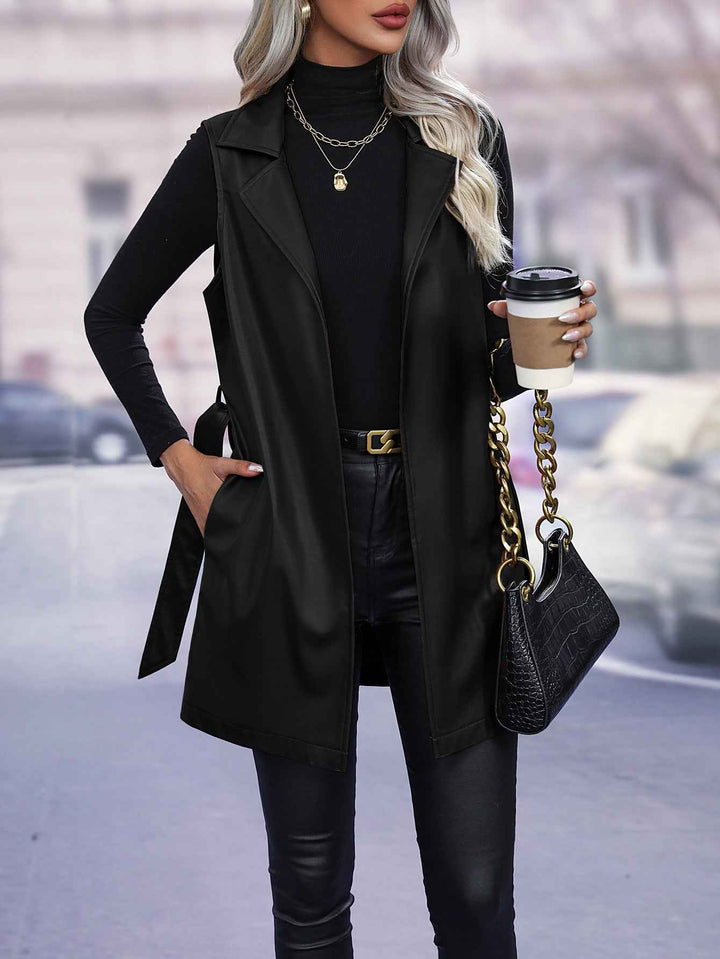 Women's Fitted Sleeveless Faux Leather Bodywarmer with Tie Belt Black