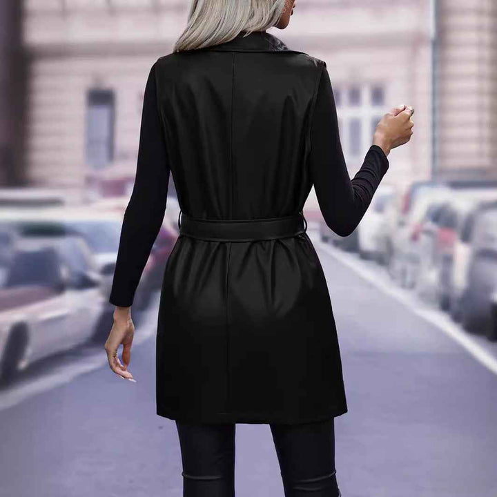 Women's Fitted Sleeveless Faux Leather Bodywarmer with Tie Belt